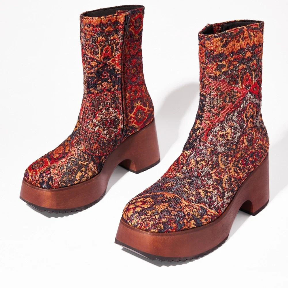 Woven Pattern Platform Ankle Boots - Multi - Picture 1 of 9